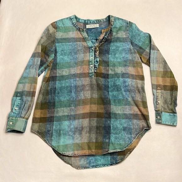 🔵 Anthropologie Isabella Sinclair Blue Plaid Shirt - Picture 2 of 7